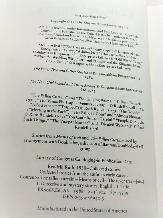 Vintage Book Ruth Rendell Collected Stories Including Fallen Etsy