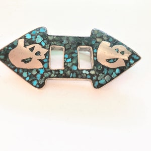 Vintage Turquoise Inlay and Sterling Silver Brooch Pin Made in India