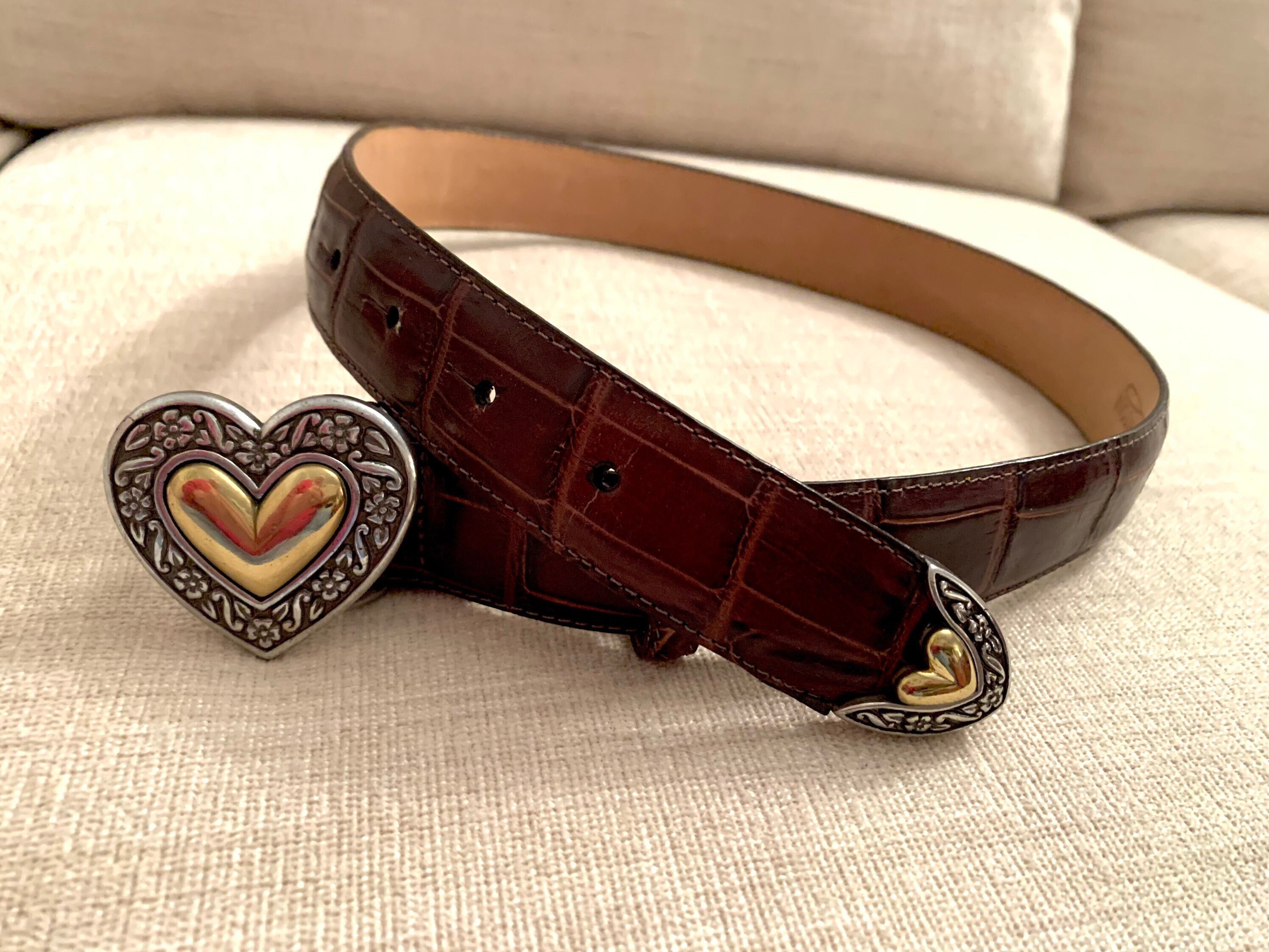 Vintage Brighton Hook Heart Chain Belt Brown Leather Small Brighton Medium Brown Leather Silver Heart Belt Feminine  main image 2