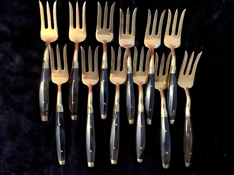 Vintage 3 Pronged Salad Forks Thai Black Buffalo Horn & Bronze Etsy