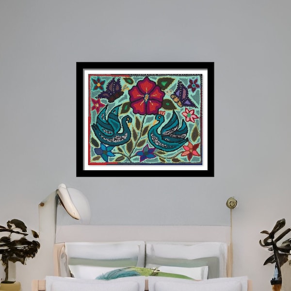 Swan Tapestry Wall Decor | Wall Art Giclee Print is High-Res Reproduction of Original Hooked Rug Handmade Textile by Maya Woman in Guatemala