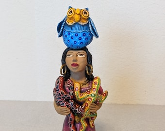 Woman Animal Vendor Mexican Clay Art Colorful Figurine, Collectible Woman Statuette Oaxacan Art From Mexico By Jose Juan Aguilar