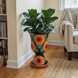 Hand-Painted Sunflower Talavera Planter | 22" Tall Mexican Ceramic Pot