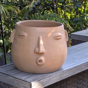 May include: A large, beige ceramic planter with a face design. The planter has closed eyes, a nose, and a mouth. The planter is sitting on a gray table. The background is a mix of green foliage and sunlight.