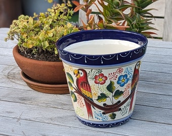 4 Parrots Flower Pot | 10.5" Round Ceramic Planter is Handmade Mexican Pottery - Use as Outdoor Garden Decor, Indoor Home Decor, Centerpiece