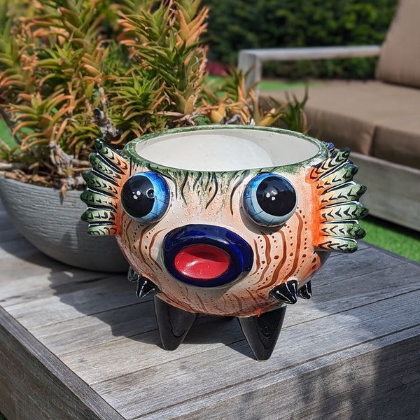 Talavera Blowfish Planter is Hand Painted Ceramic Mexican Pottery | Unique Planter Pot for Yard Art & Outdoor Garden Decor, Big 17" Wide Pot