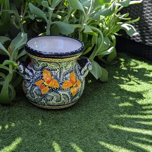 Vlinderbloempot en tuinkunst | 10,5" ronde talavera keramische plantenbak is handgemaakt aardewerk voor buitentuindecor of prachtig huisdecor