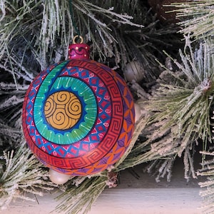 Christmas Tree Ornament #19, Hand Painted Wood Ornament for Christmas Tree | Mexican Holiday Decor featuring festive patterns & bold colors