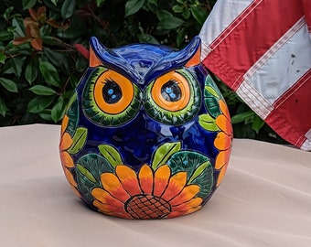 Eulen-Blumentopf aus Mexiko, bunte Eulengeschenke, Talvera-Keramik, Eulendekorationen für drinnen oder draußen, Talavera Mexico, Eulentopf