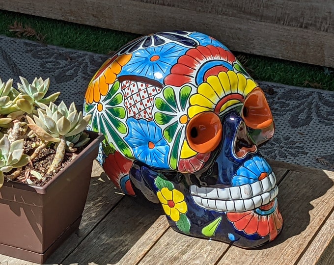 Halloween Decor, Ceramic Skull Art, Talavera Pottery, Porch or Party or