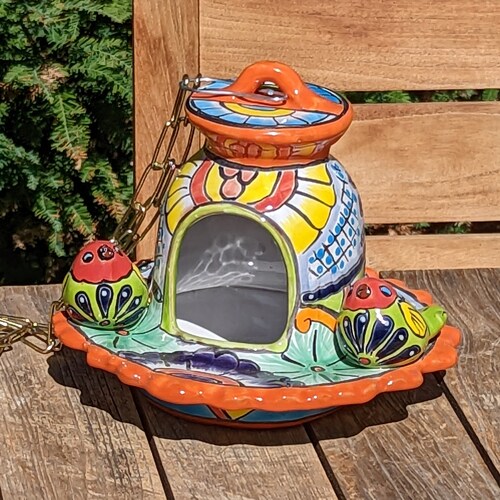 Ceramic Bird Feeder, Talavera Pottery, Decorative Outdoor shops Hanging Feeder Station w Chain, Handmade Mexican Pottery, Attract Wild Birds