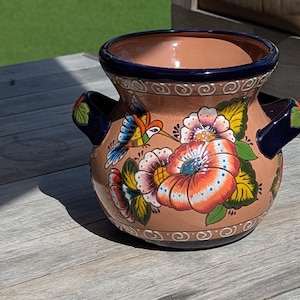 Colorful 10.5" Round Flower Pot, Talavera Ceramic Planter, Handmade Pottery is Outdoor Garden Decor, Indoor Home Decor
