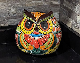 Uil Talavera Plantenbak | Keramische Uil Mexicaanse Bloempot | Kleurrijk Uil Cadeau, Binnen of Buiten Uil Decoratie | Middelgrote uilenpot