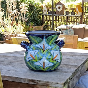 Colorful 10.5" Round Planter, Talavera Ceramic Lilly Flower Pot, Handmade Pottery is Outdoor Garden Decor, Indoor Home Decor or Unique Gift