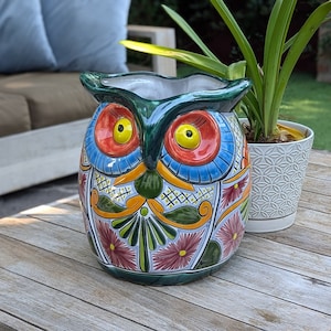 Gorgeous 14&quot; Owl Flower Pot  Talavera Ceramic Planter, Handmade Pottery  Outdoor Garden Decor, Indoor Home Decor  Unique Gift for Birders