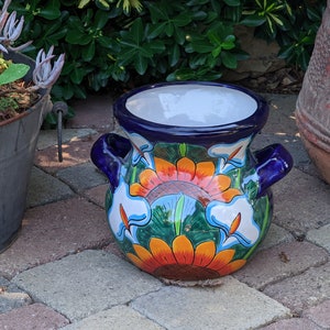 Handmade Talavera Ceramic Planter, Colorful Lily Sunflower Pottery, 10.5"