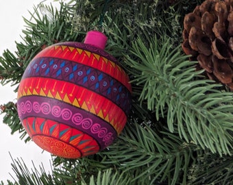 Christmas Tree Ornament #6, Hand Painted Wood Ornament for Christmas Tree | Mexican Holiday Decor featuring festive patterns & bold colors