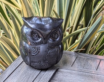 Black Owl Statue, Handmade Ceramic Figurine & Shelf Decor