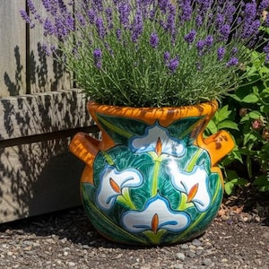Orange Lily Planter | Ceramic Talavera Flower Pot is 10.5" Tall & Hand Painted in Mexico