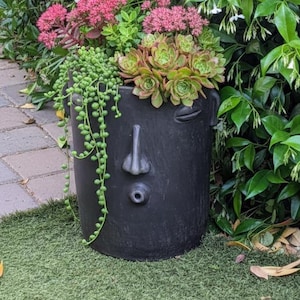 Big Face "Whistler" Planter, Handmade Pottery from Atzompa, Mexico in Black Color Hue