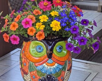 Maceta de Talavera hecha a mano con forma de búho / Maceta de cerámica / Regalos para amantes de las aves en cerámica mexicana