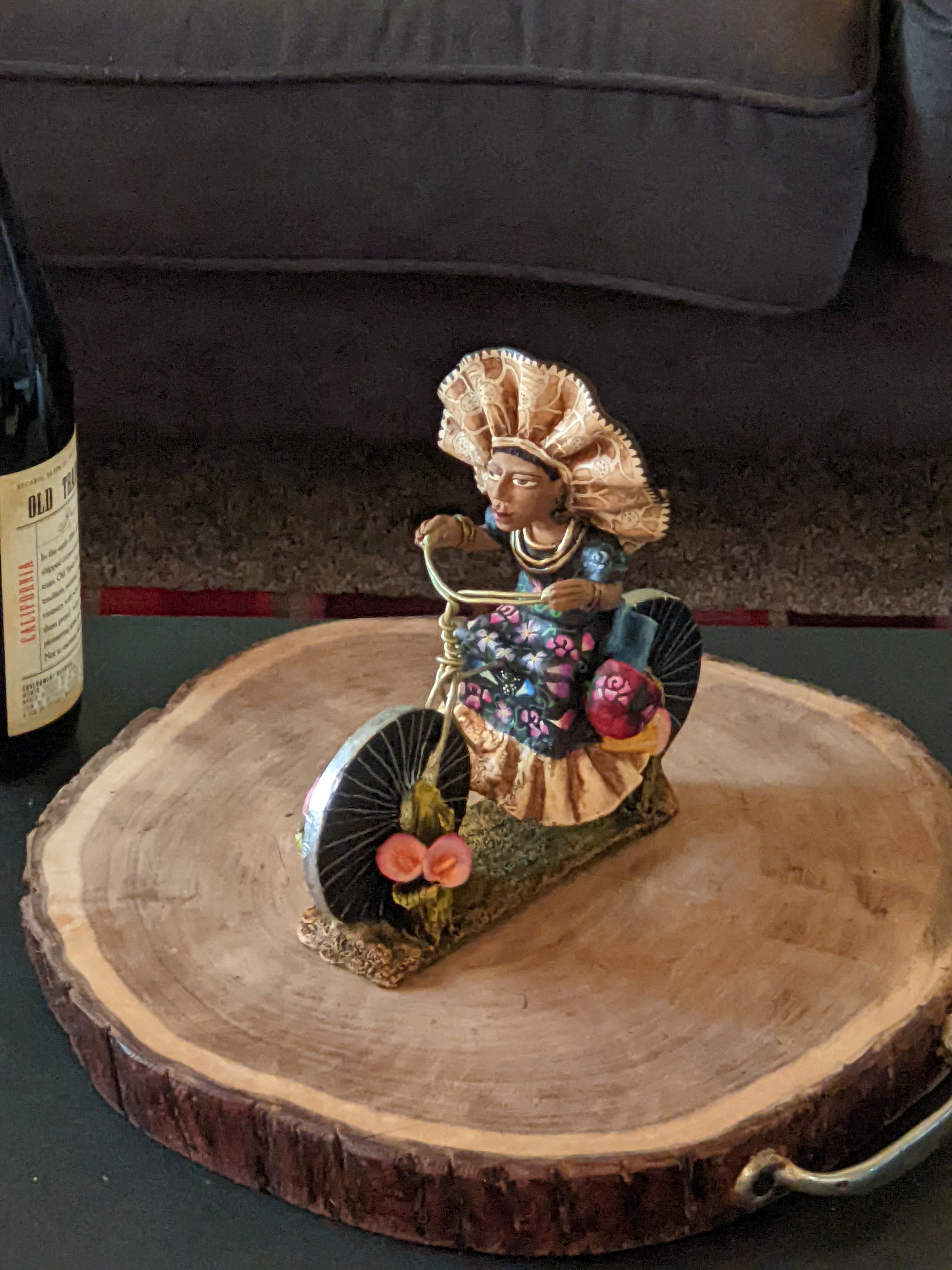 Handmade Gift | Woman on Bicycle With Hat Original Folk Art