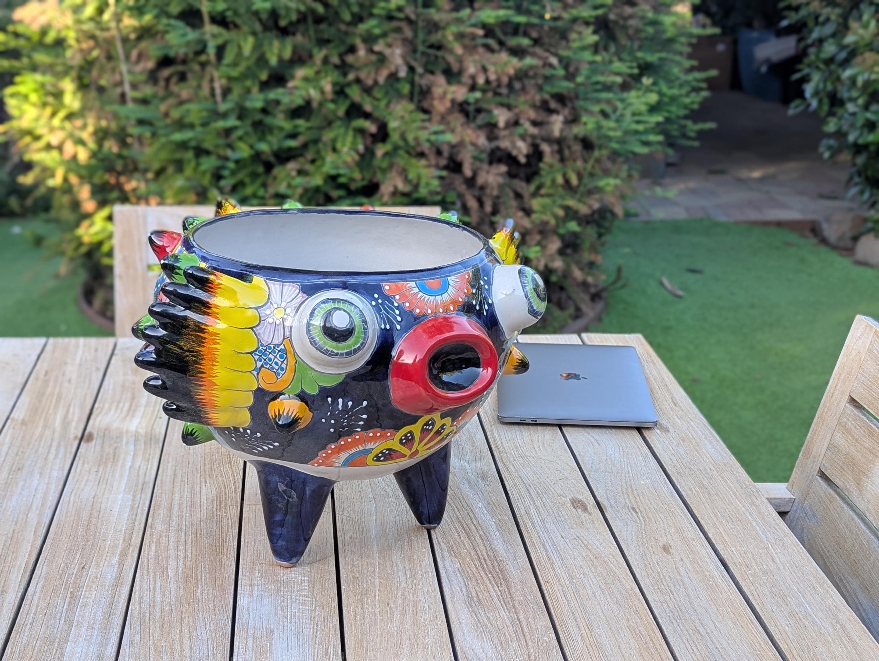 Blowfish Planter is Hand Painted Talavera Ceramic Mexican Pottery | Unique Planter Yard Art for Outdoor Garden Decor