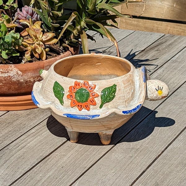 Turtle Planter & Flower Pot, Handmade Mexican Terra Cotta Pottery from Atzompa Mexico is Indoor Home Decor or Garden Art, Charming Plant Pot