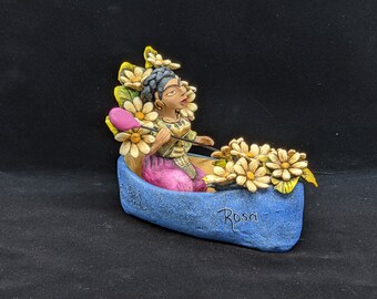 Rosa Colorful Figurine Woman In Kayak Statuette, Handpainted Figurine Oaxacan Art From Mexico By Jose Juan Aguilar