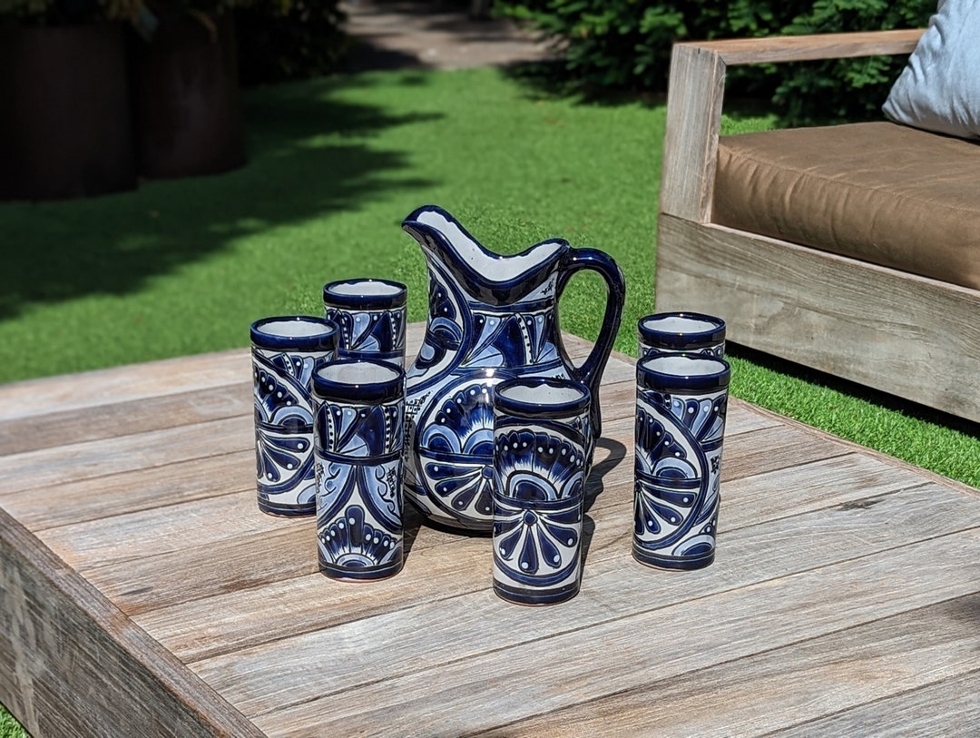 Talavera Ceramic Pitcher Set, Handmade Mexican Pottery, Blue & White ...