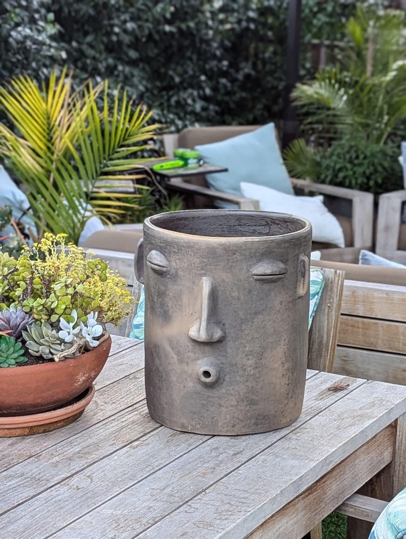 Smoked Big Face Planter & Whistler Flower Pot, Handmade Mexican Pottery of Atzompa Mexico, Home Decor  Indoor Outdoor Decor, Substantial Plant Pot by luv2brd.etsy.com