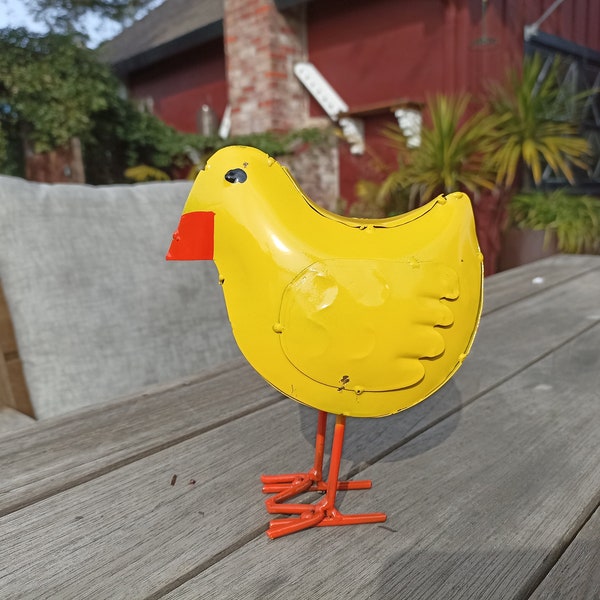 Yellow Birdie Decoration, Metal Garden Decor, Cute Little Chicken Yard Art