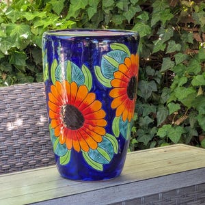 Sunflower Planter | 16.5" Tall Hand-Painted Talavera Flower Pot | Mexican Ceramic Pottery