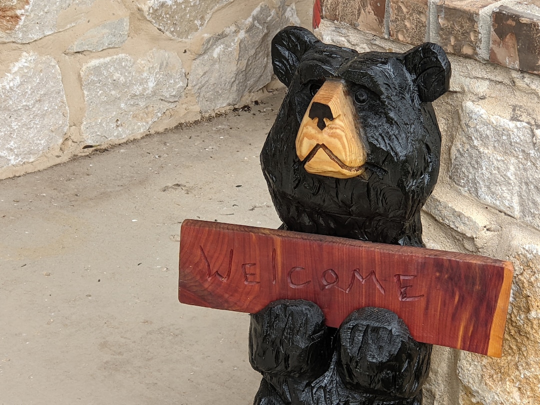 Chainsaw Carved Black Bear & Sign to Greet Your Guests With a