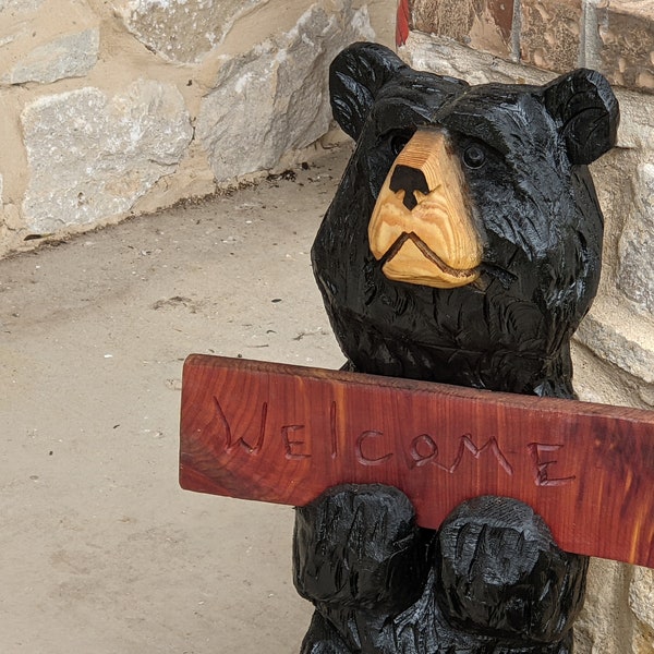 Chainsaw Carved Black Bear & Welcome Sign to Greet Your Guests with a Wooden Statue on Your Front Porch Home Decor | 23"-26" Tall