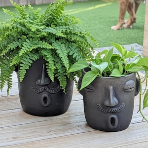 May include: Two black ceramic face planters, one large and one small, each filled with greenery. The larger planter holds a fern, while the smaller one contains a trailing plant. The planters have a unique, artistic design.