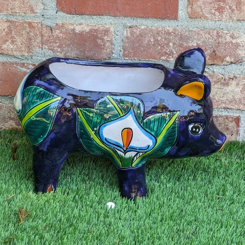 Maceta Lily Pig / Maceta de cerámica Talavera hecha a mano / Decoración de jardín mexicano para exteriores