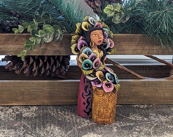 Oaxacan Woman Flower Vendor Mexican Folk Art from Oaxaca, Handmade Clay Figurine by Juan Jose Aguilar, Collectible Women Statuette