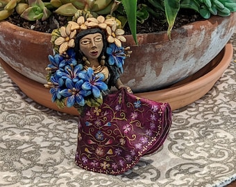 Oaxacan Woman Holding Flowers, Mexican Folk Art from Oaxaca, Handmade by Juan Jose Aguilar, Collectible Women Statuette Clay Figurine