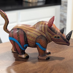 Rhino Alebrije is Genuine Mexican Folk Art | Vibrant Handcraftsmanship on this Oaxacan Wood Carving is Superb, Collectible Home Decor