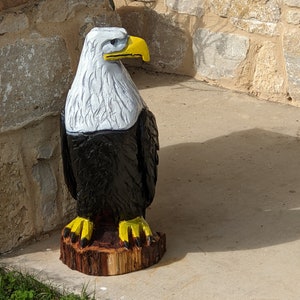 Bald Eagle is Handmade Home Decor for Outdoor Garden, Porch or Yard Art by Chainsaw Artist in Texas, Hand Carved Wooden Bald Eagle