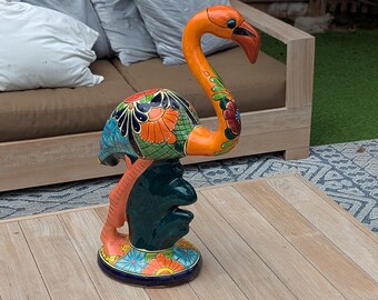Orange Flamingo Garden Decor is Ceramic Mexican Talavera Pottery