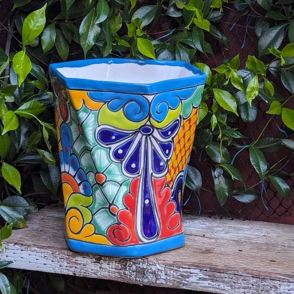 Hexagon Japanese Planter | Geometric Ceramic Flower Pot is Handmade Mexican Pottery for Outdoor Garden Decor, Indoor Home Decor Centerpiece