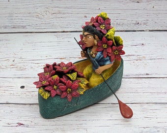 Frida Colorful Figurine, Woman In Kayak Mexican Folk Art, Handpainted Housewarming Gift, Oaxacan Art From Mexico By Jose Juan Aguilar