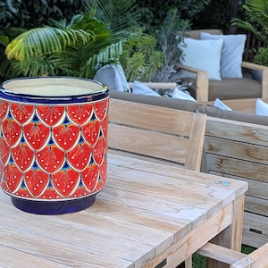 May include: A cylindrical red and blue ceramic planter with a repeating pattern of stylized white and blue shapes. The planter has a blue base and rim, and sits on a wooden table outdoors.
