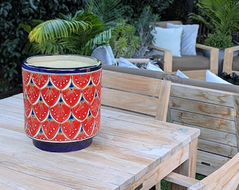 May include: A cylindrical red and blue ceramic planter with a repeating pattern of stylized white and blue shapes. The planter has a blue base and rim, and sits on a wooden table outdoors.