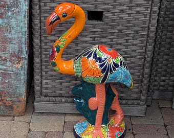 Orange Flamingo Garden Decor is Ceramic Mexican Talavera Pottery