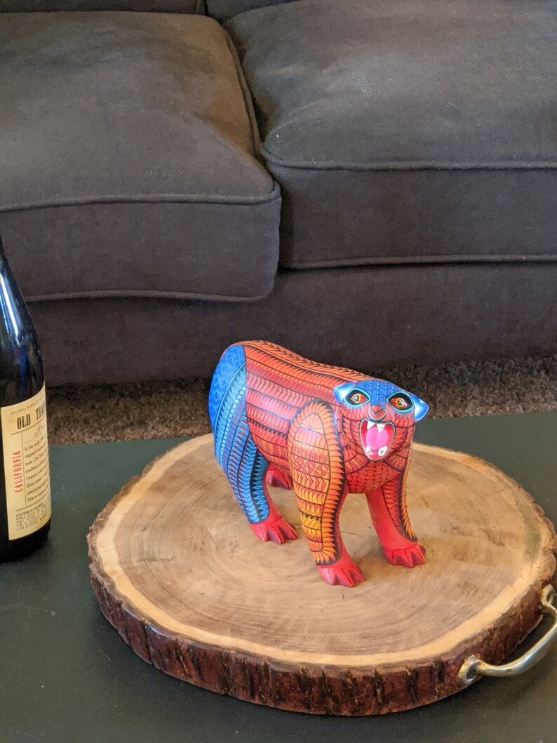 5.5 Inches in Height Original Handmade, Hand Painted Animal, Wood Carving with Irate Eyes, Copper Colored Tail, Colorful Patterned Body, Blue Colored Hind legs, Bear Alebrije, Oaxaca Art, Unique Statue from https://luv2brd.com