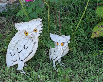 Garden Owl Family, 2 Metal Owl Statues, Owl Decoration Yard Decor, Metal Owl Sculptures, Owl Figurines Home Decor, Off White Adult, Baby Owl