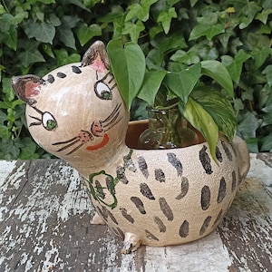 May include: A ceramic cat planter with black and white spots, green and red painted details, and a small green plant inside.